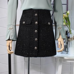 Flectit jesień zima 2019 Plaid wełniana spódnica kobiet królewski kieszeń na guzik przód Plus rozmiar brokat Tweed Mini spódnica