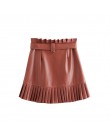 Vintage stylowe plisowane kieszenie ze sztucznej skóry Mini spódniczka kobiety 2020 moda Zipper Fly z paskiem krótkie spódniczki