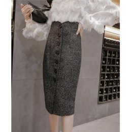 Neophil wysokiej talii wełniany guzik ołówkowe spódnice midi biurowa, damska elegancka szara 2020 zimowa wełniana spódnice wiąza