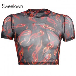 Sweetown patchworkowy, z siatką seksowna spódnica Harajuku Kawaii Streetwear płonący nadruk ognia spódnice damska dwuwarstwowa s