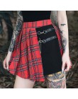 Gothic Punk spódnice kobiety w czerwoną kratę plisowana suknia wysokiej talii Patchwork Mini spódnica moda Streetwear klamra kob