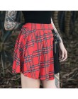 Gothic Punk spódnice kobiety w czerwoną kratę plisowana suknia wysokiej talii Patchwork Mini spódnica moda Streetwear klamra kob