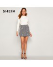 SHEIN czarny i biały pokój łuszcz Tweed spódnice kobiet jesień zima w połowie talii elegancka linia panie płaszcza Mini Plaid sp