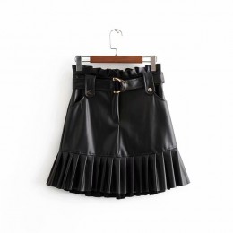 Aachoae kobiety czarna PU skórzana spódnica z paskiem moda Streetwear Ruffles plisowana krótka spódniczka linia do klubu na impr
