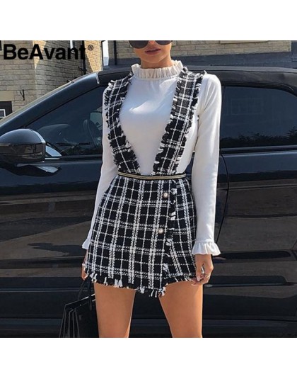 BeAvant A-line tweed plaid kobiety spódnica romper jesień zima casual panie zima skort Spaghetti pasek kobieta mini ogólna spódn