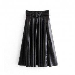 Aachoae Women Vintage Faux Leather spódnica z paskiem 2020 elegancka biurowa, damska czarna PU spódnica trzy czwarte plisowana, 