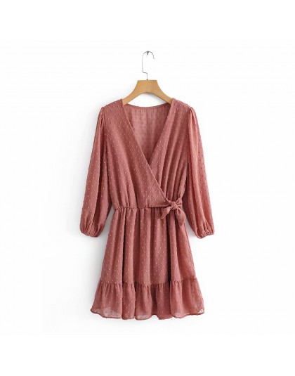 Nowe kobiety elegancki krzyż v neck łuk wiązanej szyfonu vestido hem ruffles mini sukienka jesień panie elastyczny pas kimono su