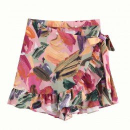 2019 kobiety słodki tropikalny kwiat liście drukuj plisowane ruffles mini spódnica faldas mujer panie elastyczna talia lace up s