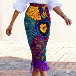 Damski letni nadruk spódnica w stylu Vintage, w kwiaty moda afrykańska wysokiej talii pomponem elegancki skromny elegancki Retro
