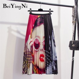 Beiyingni 28 style europa Cartoon wzór plisowana spódnica kobiety Street koreański połowy-długość do łydki elastyczna jakości sp