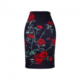 Moda kwiat czerwony nadruk z różami kobiety spódnice ołówkowe lady midi saias kobieta faldas dziewczyny czarne dna S-4XL spódnic