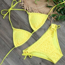 2019 dziewczyny Sexy koronkowe Bikini Set stroje kąpielowe żółty push up strój kąpielowy Monokini kobiet kostiumy kąpielowe mikr