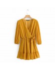 Nowe kobiety elegancki krzyż v neck łuk wiązanej szyfonu vestido hem ruffles mini sukienka jesień panie elastyczny pas kimono su