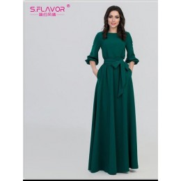 S. FLAVOR kolor zielony kobieta O-Neck długa sukienka styl boho Slim Vestidos Vintage 3/4 latarnia rękaw w stylu casual, letnia 