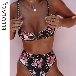 Ellolace Flower Print kostium kąpielowy damski Bikini czarny stroje kąpielowe kobiety kostium kąpielowy Bikini 2020 moda strój k