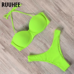 RUUHEE brazylijskie stringi Bikini Set 2020 kobiety Push Up Bikini jednokolorowy strój kąpielowy seksowne ramiączka stroje kąpie