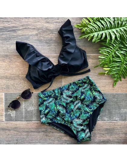 Sexy Off The Shoulder bikini kobiety strój kąpielowy 2020 nowa z falbankami stroje kąpielowe liść drukuj kostiumy kąpielowe biki