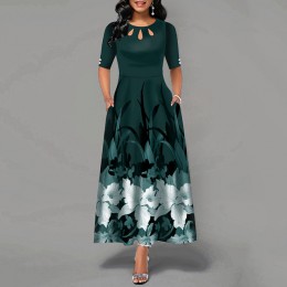 Kobiety wokół szyi sukienka Boho pół rękawa kobiet elegancki vintage, w kwiaty drukowane linii kieszeni czarny maxi suknie robe 