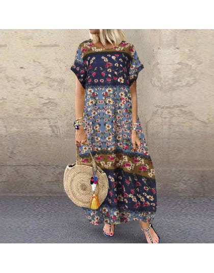 S 5XL ZANZEA lato czeski Sundress 2019 kobiety długa sukienka na imprezę Casual Vintage z krótkim rękawem Floral wydrukowano Ves