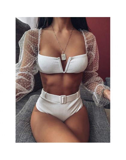 2020 nowy Sexy wysokiej talii Bikini kobiety Mesh strój kąpielowy Push Up stroje kąpielowe Bikini z odkrytymi ramionami zestaw s