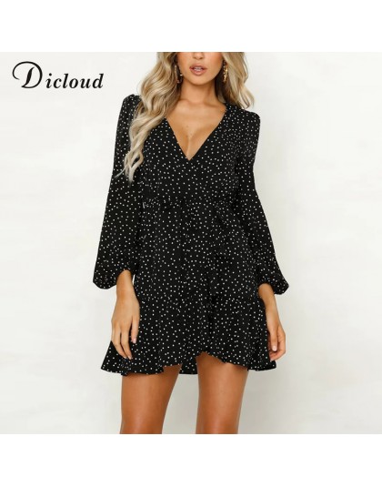 Dicloud v neck sexy polka dot czarna sukienka mini w stylu vintage, wiosenna zima kobiety długa zawijana sukienka z rękawem eleg