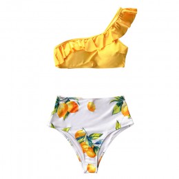 CUPSHE żółty z nadrukiem cytryn jedno ramię z wysokim stanem zestawy bikini seksowny strój kąpielowy strój kąpielowy dwuczęściow