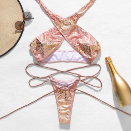 Seksowne bikini typu halter zestaw 2020 nadruk węża kostium kąpielowy damski różowy stroje kąpielowe kobiety zasznurować kąpiący