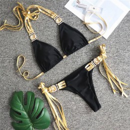 Nowy seksowny z diamencikami i frędzlem Bikini 2019 kobiet złoty Bandeau kostium kąpielowy damski Halter stroje kąpielowe dwuczę
