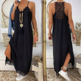 Nowa koronkowa Patchwork z czarnym paskiem Maxi sukienka na co dzień luźna dekolt bez rękawów Sode Split damska letnia plaża suk