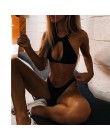 Kobieta czarne Bikini zestaw Sexy lato nowe mody bikini klamra wysokie cięcie strój kąpielowy bikini drążą Push Up Halter dwa ka