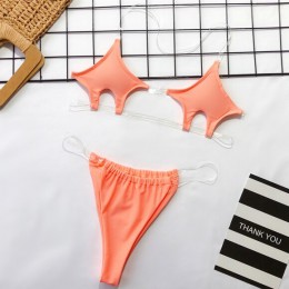 OMKAGI stroje kąpielowe kobiety Neon Bikini push up kostium kąpielowy przezroczysty pasek na ramię jednokolorowy strój kąpielowy