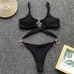 Sexy metalowe pierścionki brazylijskie Bikini 2019 kobiet stroje kąpielowe damski strój kąpielowy dwuczęściowy Bikini set string