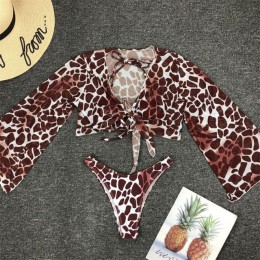 GNIM z długim rękawem Bikini z siatką stroje kąpielowe damskie trzyczęściowy 2020 Leopard kostium kąpielowy damski lato seksowny