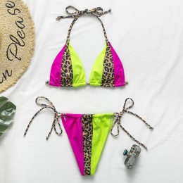 Lato 2019 bikini neon biquini Micro string strój kąpielowy seksowne bikini push up zestaw Patchwork leopard stroje kąpielowe dam