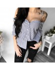 Sexy pasiasta bluzka kobiety jesień koszule z długim rękawem topy moda Off ramię przycisk bluzki bez ramiączek bluzka z okrągłym