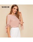 SHEIN stałe perły frezowanie Side węzeł mankietów elegancka bluzka kobiet topy 2019 jesień pół rękawa podstawowe bluzki dla młod