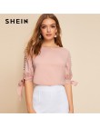 SHEIN stałe perły frezowanie Side węzeł mankietów elegancka bluzka kobiet topy 2019 jesień pół rękawa podstawowe bluzki dla młod