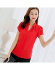 Plus rozmiar bluzka damska 2019 letnia koszulka z krótkim rękawem czerwona biurowa, damska koszula z szyfonu elegancka koszulka 