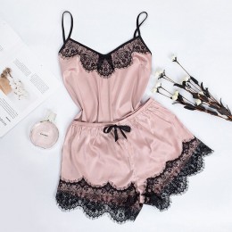 Suphis różowa seksowna bielizna nocna zimowa piżama dla kobiet V Neck koronkowa satynowa jedwabna Cami i spodenki Spaghetti pase