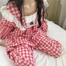 Plaid piżama zestaw kobiety słodka księżniczka śliczne piżamy bawełniane Sexy koronkowa pełna rękaw jesień 2 sztuka/zestaw Home 