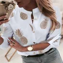 Kobiety druk ananasowy bluzka przycisk koszule damskie jesień z długim rękawem swobodny Top Sexy damskie topy i bluzki podstawow