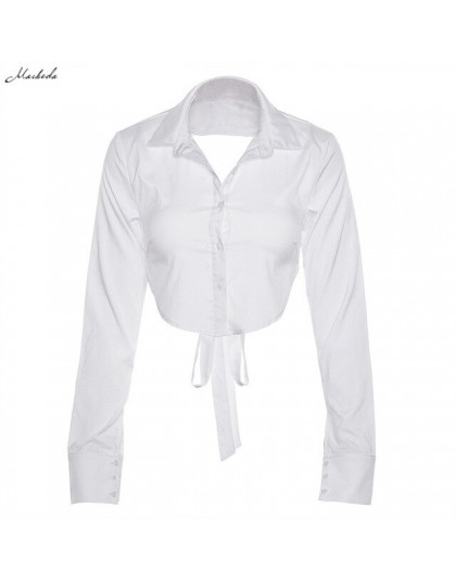 Macheda wiosna Sexy Backless zasznurować bluzki Top kobiety z długim rękawem jesień biały skręcić w dół szyi krótka koszula bluz