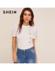 SHEIN Mock-Neck Puff guzik na rękawie przednia biała bluzka bluzki damskie lato elegancka Slim Fit jednolita, krótka bluzka Top