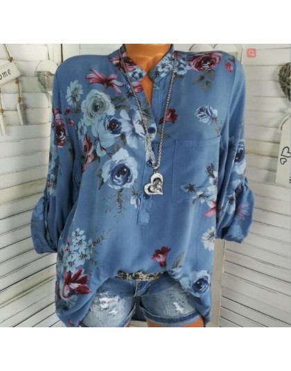 Letnie bluzki damskie bluzki 2019 jesień elegancka, długa rękaw drukuj dekolt szyfonowa bluzka Blusa Casual luźne koszulki Plus 
