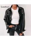 Sweetown czarna sztuczna skóra bluzki koszula damska Streetwear zakryta koszula na guziki bluzki damskie Manches Bouffantes