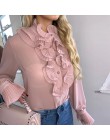 Kobiety 2020 wiosna Polka Dot bluzka z falbanami koszula elegancka Casual O Neck przyciski sweter Blusa Lady jesień z długim ręk