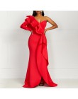 Afrykański styl elegancka impreza seksowny wieczór kobiety długie sukienki jedno ramię Bodycon Split kobiece falbany Maxi czerwo