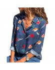 Kobiety bluzki 2020 kwiatowy Print z długim rękawem skręcić w dół kołnierz bluzka koszulka tunika w paski Plus rozmiar Blusas Ch