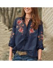 2020 ZANZEA Women Vintage haftowana bluzka jesień z długim rękawem Denim niebieskie koszule damskie w całości zapinana na guziki