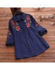2020 ZANZEA Women Vintage haftowana bluzka jesień z długim rękawem Denim niebieskie koszule damskie w całości zapinana na guziki